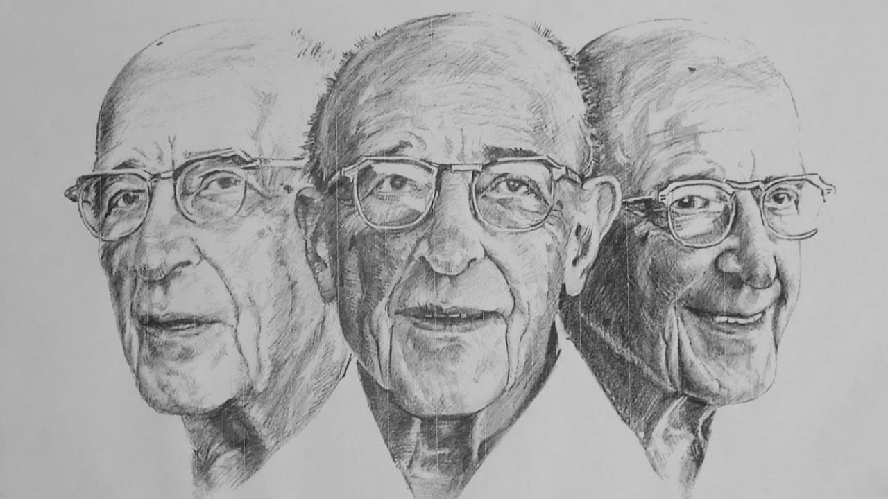 Three pencil drawings of Carl Rogers' face - Person-Centred Counselling - Three drawings of Carl Rogers' face